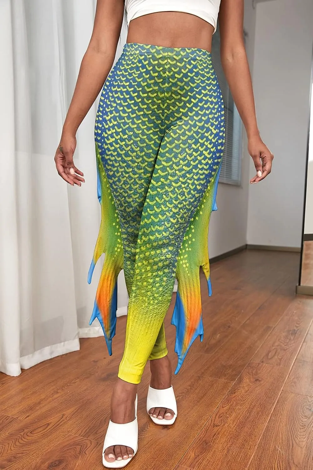 Womens Mermaid Leggings Fish Scale Print Pants High Waist Yoga Legging with Fins for Halloween Party Cosplay