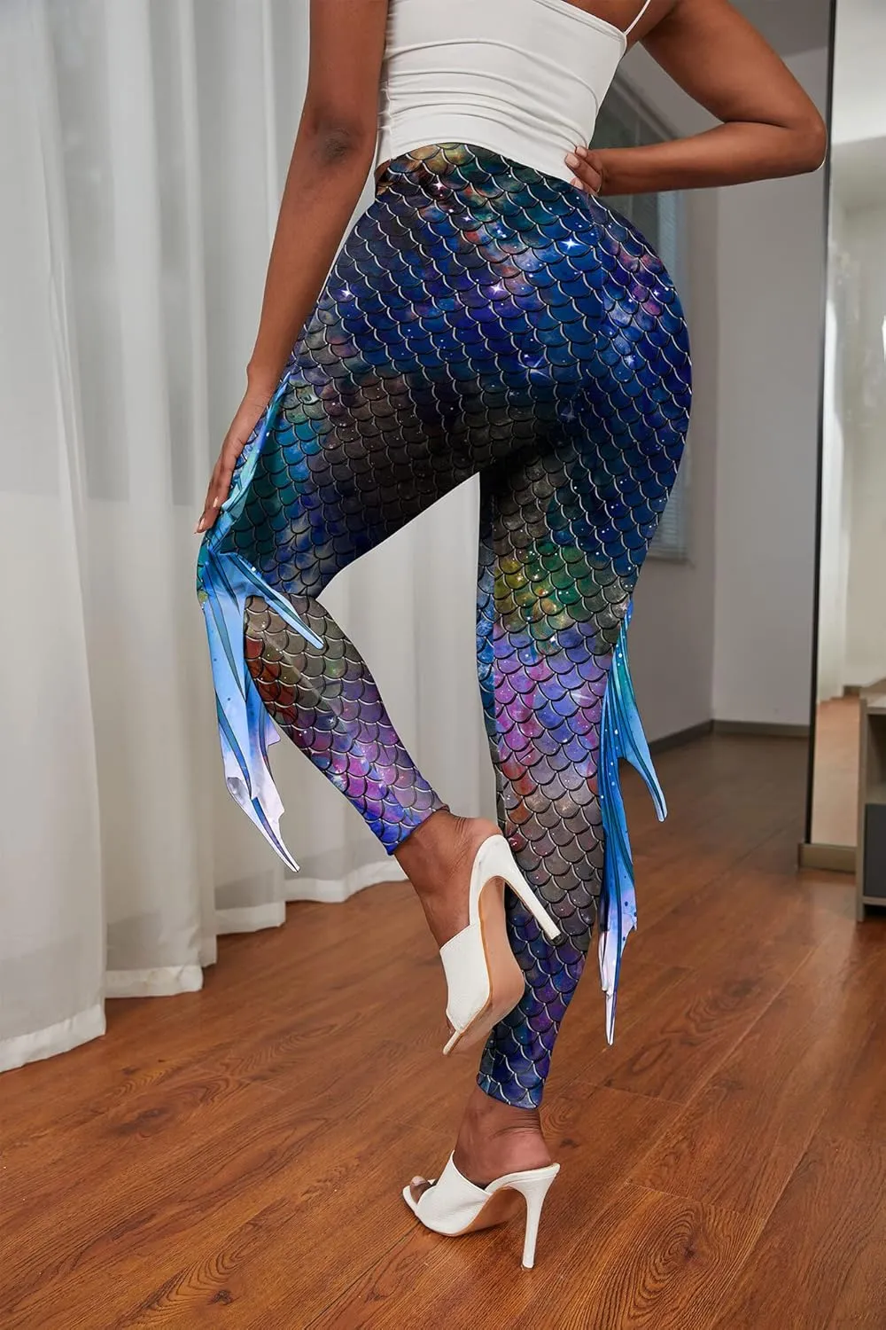 Womens Mermaid Leggings Fish Scale Print Pants High Waist Yoga Legging with Fins for Halloween Party Cosplay