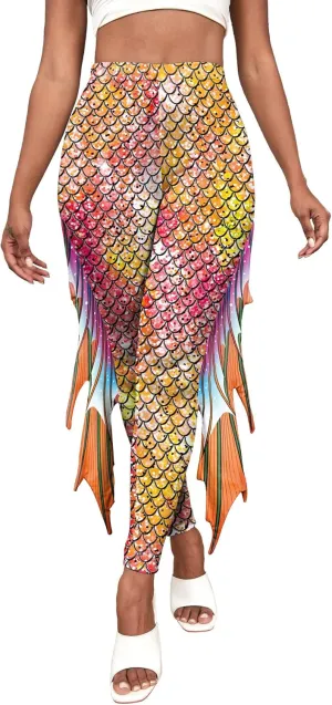 Womens Mermaid Leggings Fish Scale Print Pants High Waist Yoga Legging with Fins for Halloween Party Cosplay