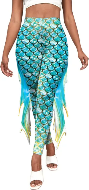 Womens Mermaid Leggings Fish Scale Print Pants High Waist Yoga Legging with Fins for Halloween Party Cosplay