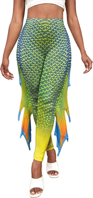 Womens Mermaid Leggings Fish Scale Print Pants High Waist Yoga Legging with Fins for Halloween Party Cosplay