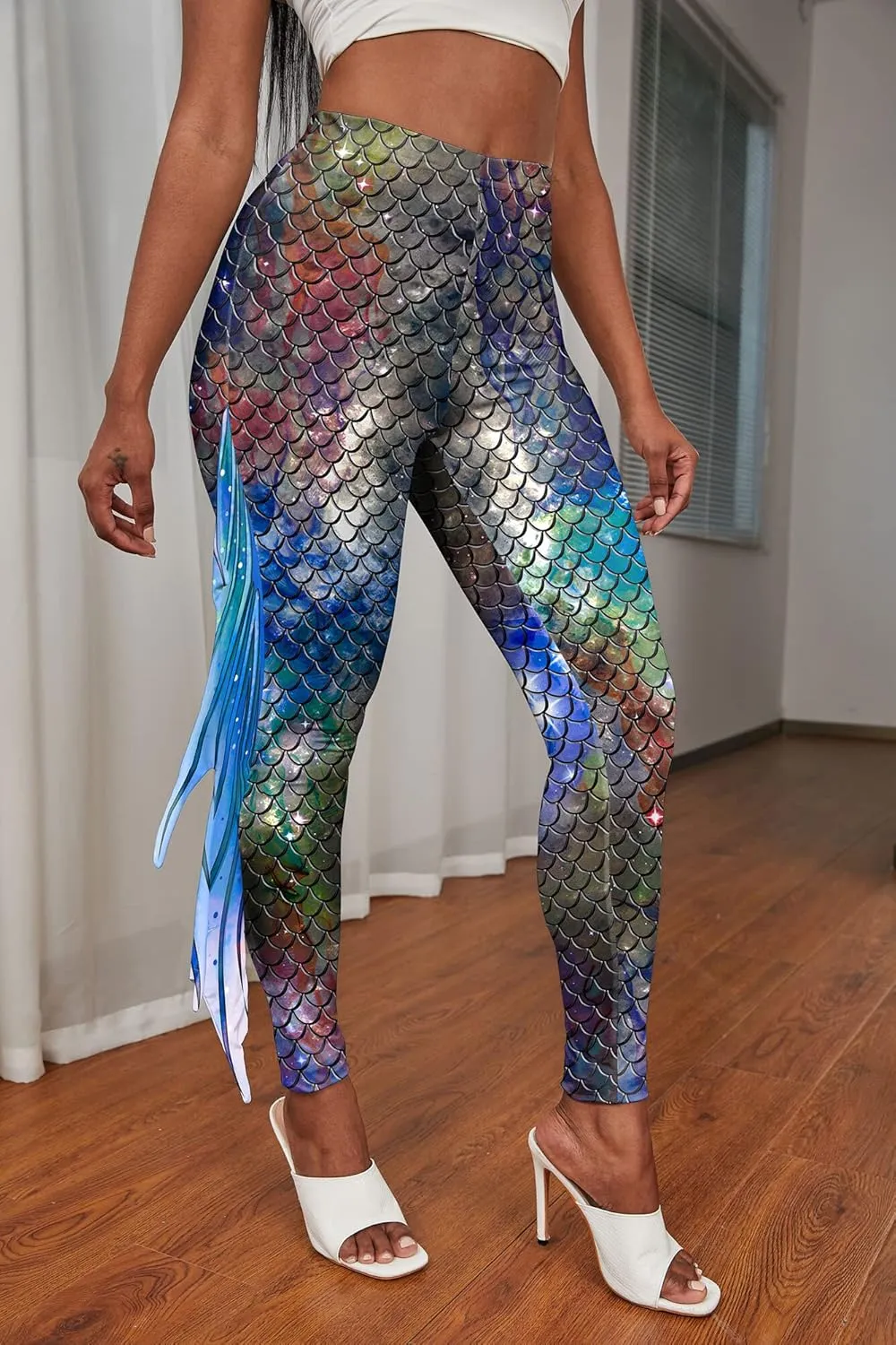 Womens Mermaid Leggings Fish Scale Print Pants High Waist Yoga Legging with Fins for Halloween Party Cosplay