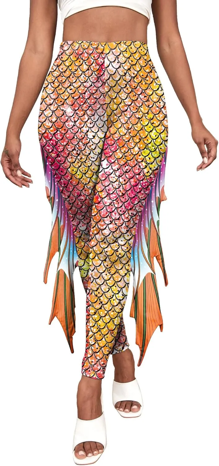 Womens Mermaid Leggings Fish Scale Print Pants High Waist Yoga Legging with Fins for Halloween Party Cosplay