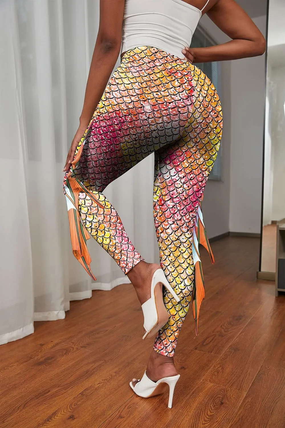 Womens Mermaid Leggings Fish Scale Print Pants High Waist Yoga Legging with Fins for Halloween Party Cosplay