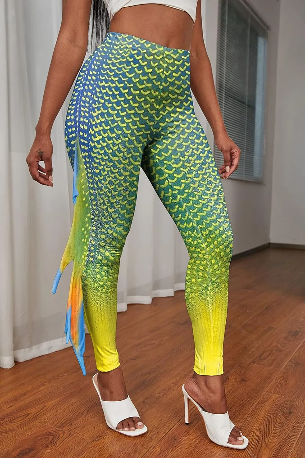 Womens Mermaid Leggings Fish Scale Print Pants High Waist Yoga Legging with Fins for Halloween Party Cosplay