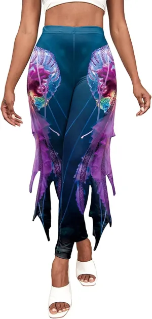 Womens Mermaid Leggings Fish Scale Print Pants High Waist Yoga Legging with Fins for Halloween Party Cosplay