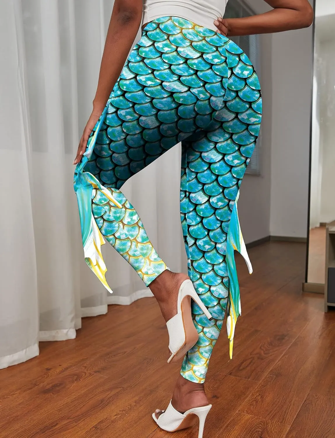 Womens Mermaid Leggings Fish Scale Print Pants High Waist Yoga Legging with Fins for Halloween Party Cosplay