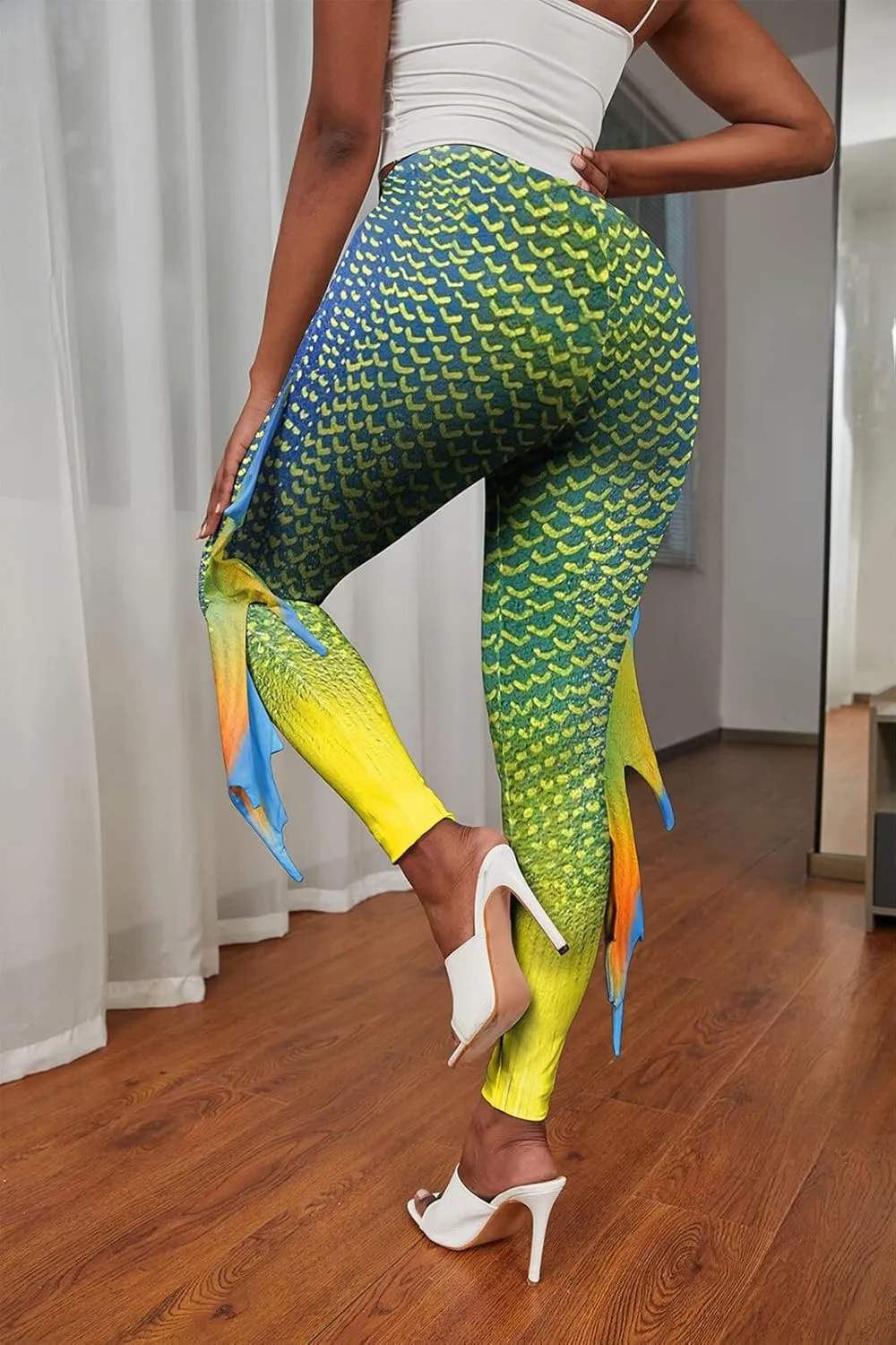 Womens Mermaid Leggings Fish Scale Print Pants High Waist Yoga Legging with Fins for Halloween Party Cosplay