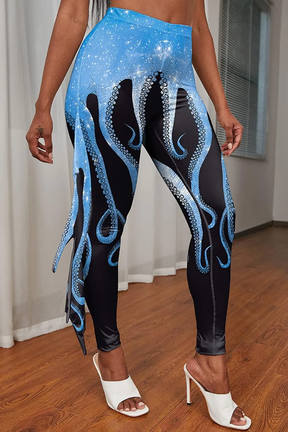 Womens Mermaid Leggings Fish Scale Print Pants High Waist Yoga Legging with Fins for Halloween Party Cosplay