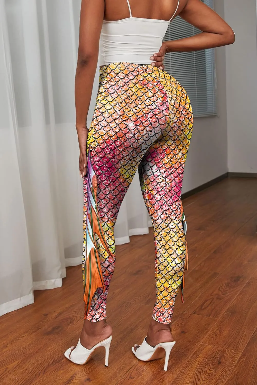 Womens Mermaid Leggings Fish Scale Print Pants High Waist Yoga Legging with Fins for Halloween Party Cosplay
