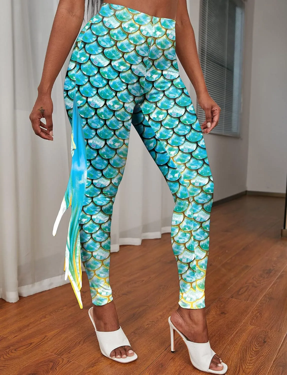 Womens Mermaid Leggings Fish Scale Print Pants High Waist Yoga Legging with Fins for Halloween Party Cosplay