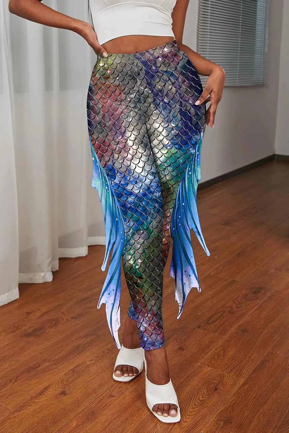 Womens Mermaid Leggings Fish Scale Print Pants High Waist Yoga Legging with Fins for Halloween Party Cosplay