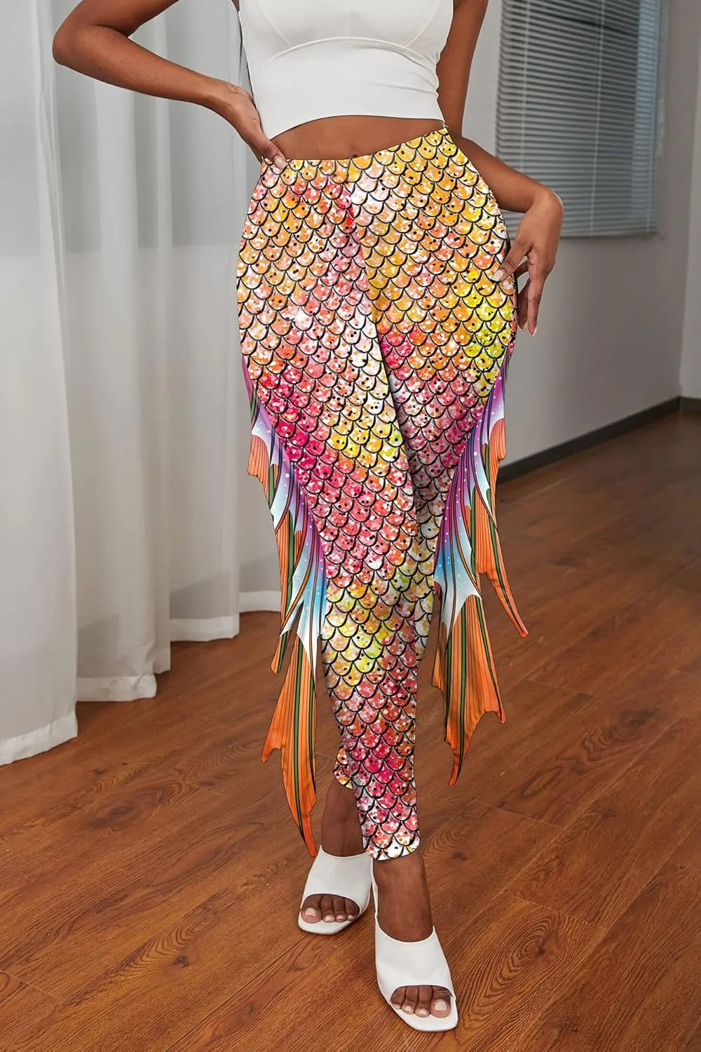 Womens Mermaid Leggings Fish Scale Print Pants High Waist Yoga Legging with Fins for Halloween Party Cosplay