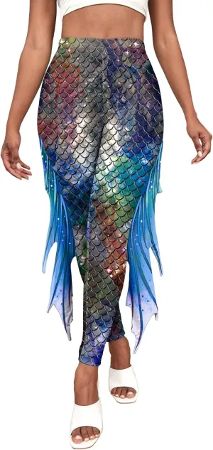 Womens Mermaid Leggings Fish Scale Print Pants High Waist Yoga Legging with Fins for Halloween Party Cosplay