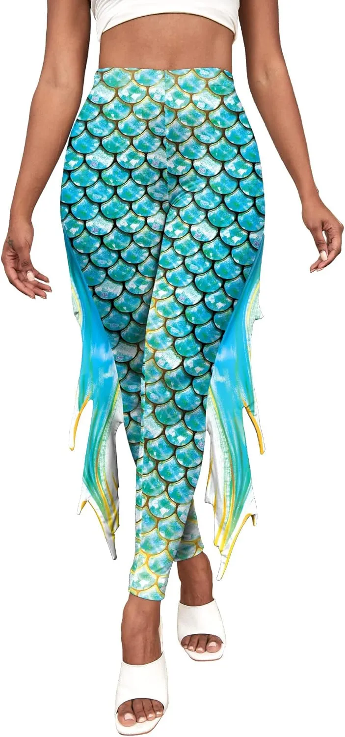 Womens Mermaid Leggings Fish Scale Print Pants High Waist Yoga Legging with Fins for Halloween Party Cosplay