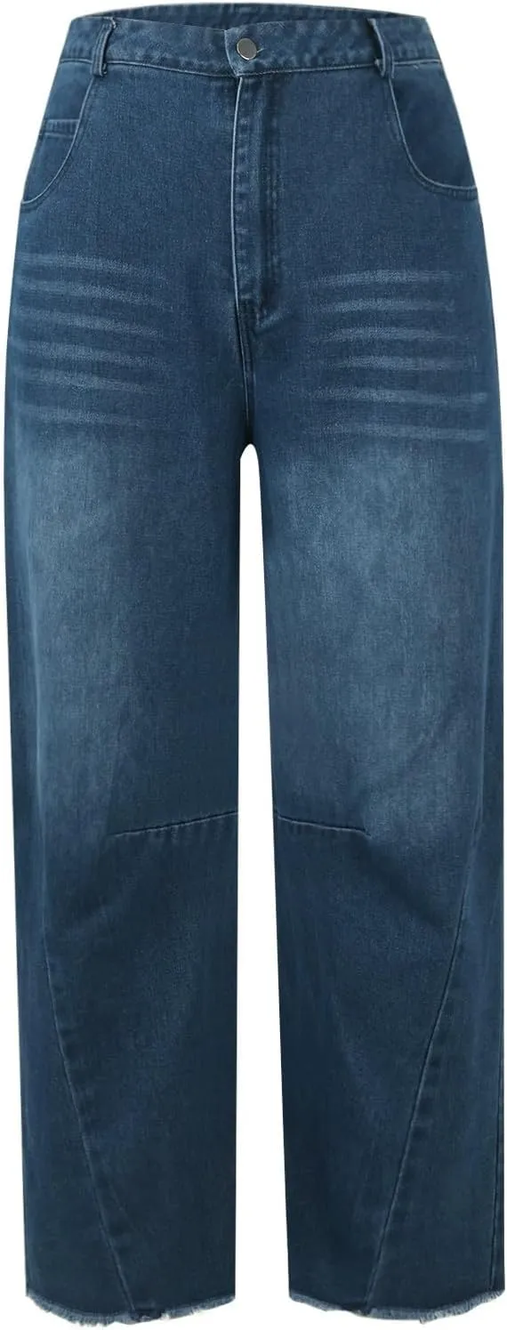 Women's Mid Rise Barrel Jeans Wide Leg Vintage Y2k Baggy Boyfriend Ankle Cropped Denim Pants with Pockets