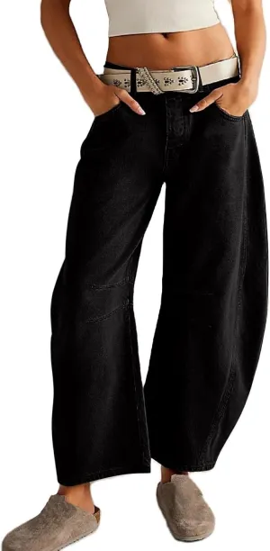 Women's Mid Rise Barrel Jeans Wide Leg Vintage Y2k Baggy Boyfriend Ankle Cropped Denim Pants with Pockets