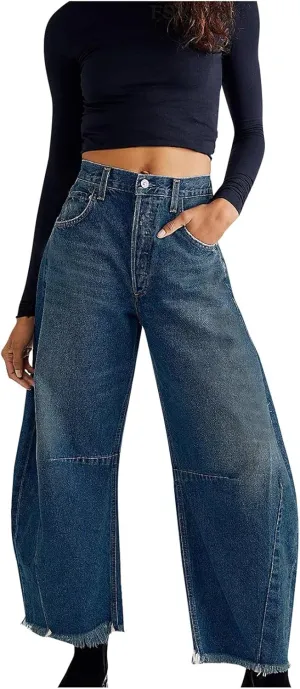 Women's Mid Rise Barrel Jeans Wide Leg Vintage Y2k Baggy Boyfriend Ankle Cropped Denim Pants with Pockets