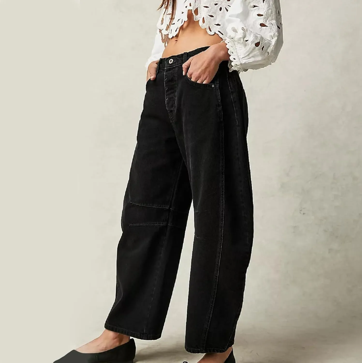 Women's Mid Rise Barrel Jeans Wide Leg Vintage Y2k Baggy Boyfriend Ankle Cropped Denim Pants with Pockets