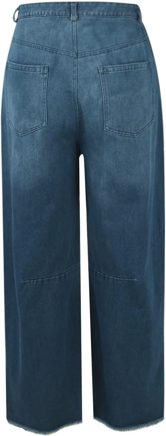 Women's Mid Rise Barrel Jeans Wide Leg Vintage Y2k Baggy Boyfriend Ankle Cropped Denim Pants with Pockets