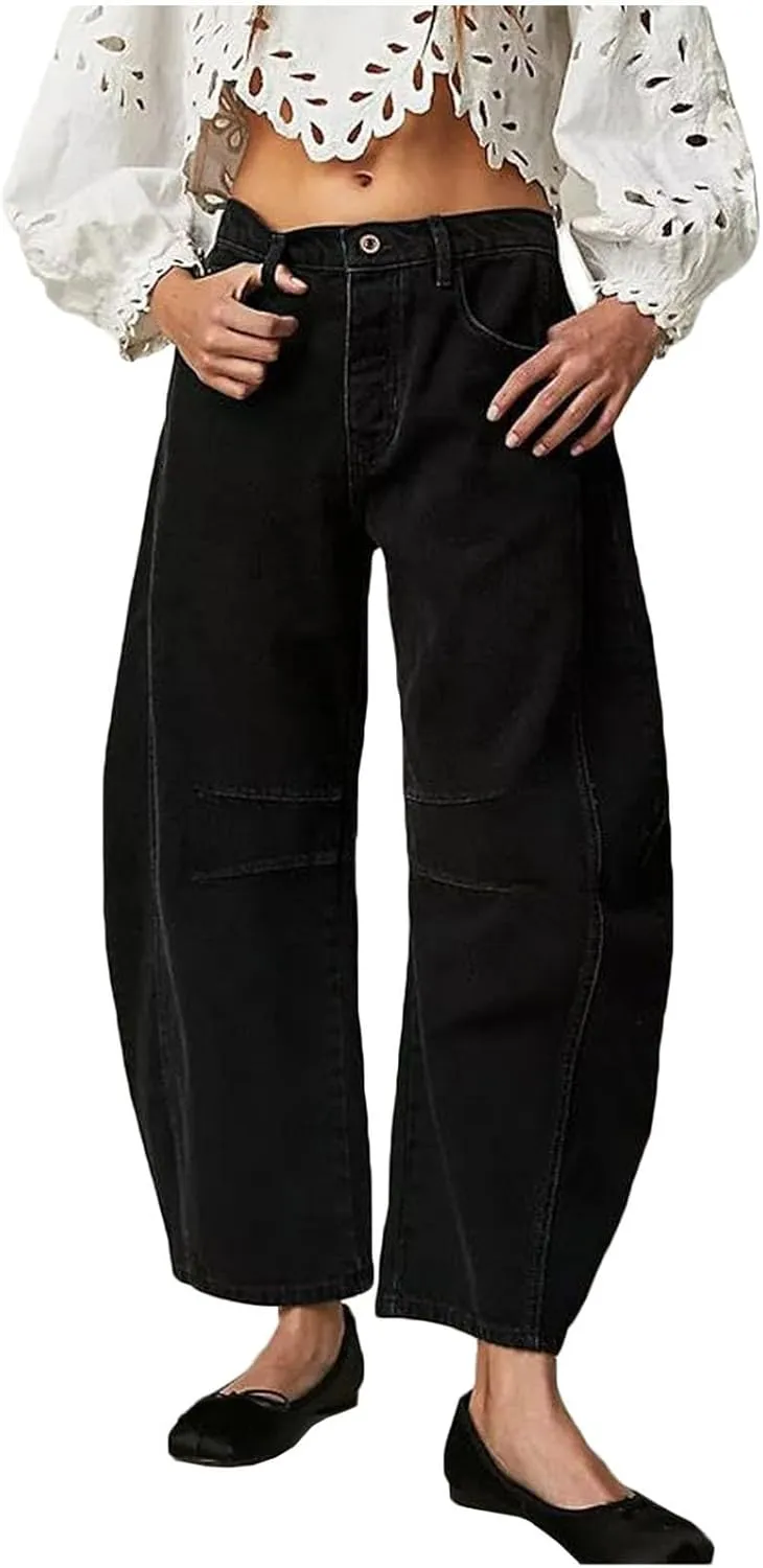Women's Mid Rise Barrel Jeans Wide Leg Vintage Y2k Baggy Boyfriend Ankle Cropped Denim Pants with Pockets