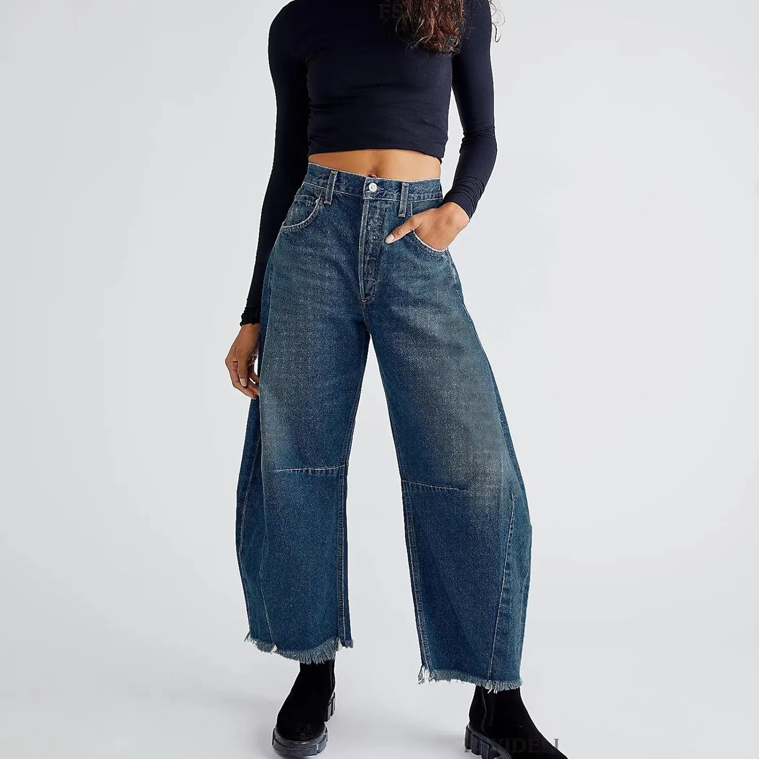 Women's Mid Rise Barrel Jeans Wide Leg Vintage Y2k Baggy Boyfriend Ankle Cropped Denim Pants with Pockets