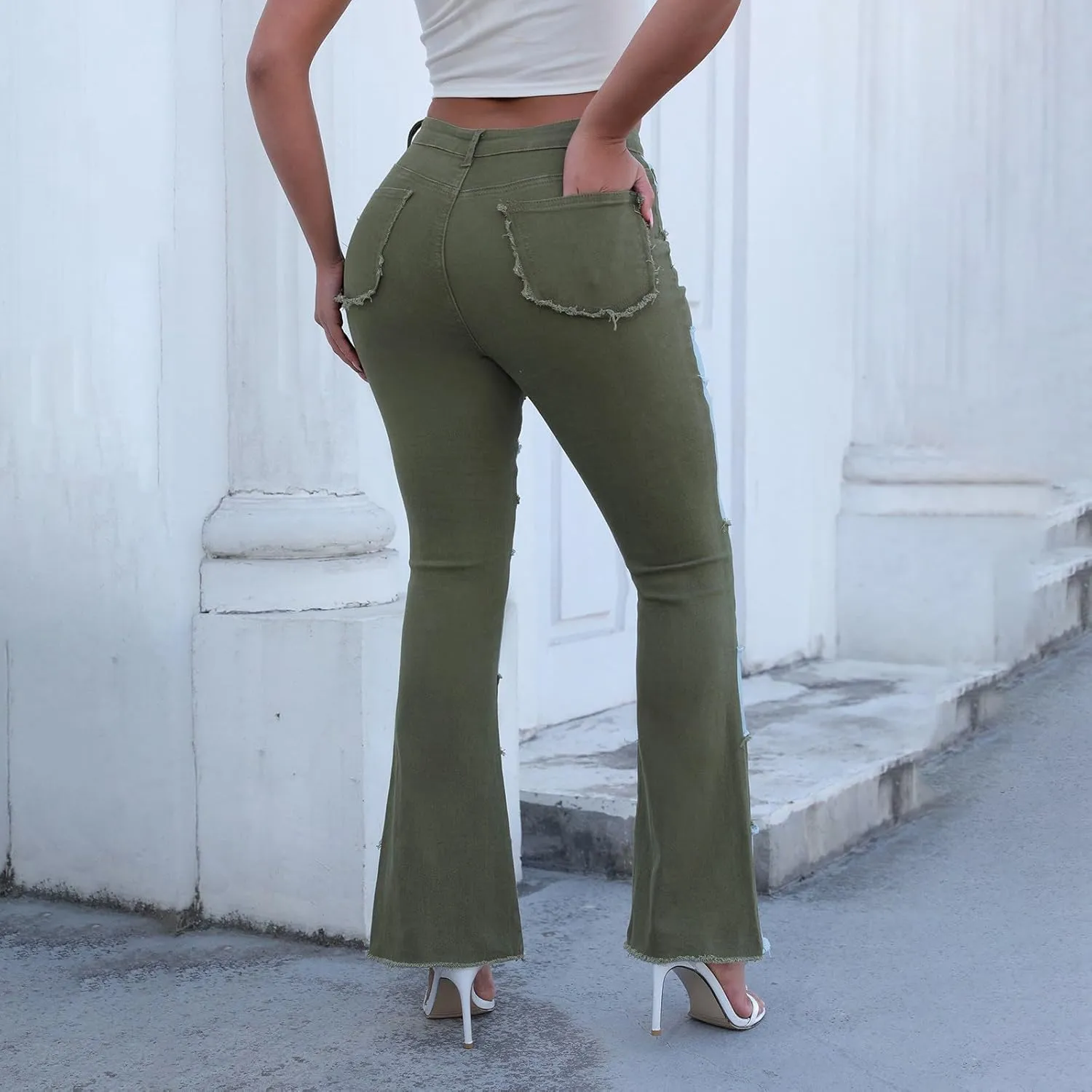 Womens Mid Waist Bell Bottom Stretchy Flare Jeans Pants High Waist Baggy Boyfriend Distressed Denim Pants
