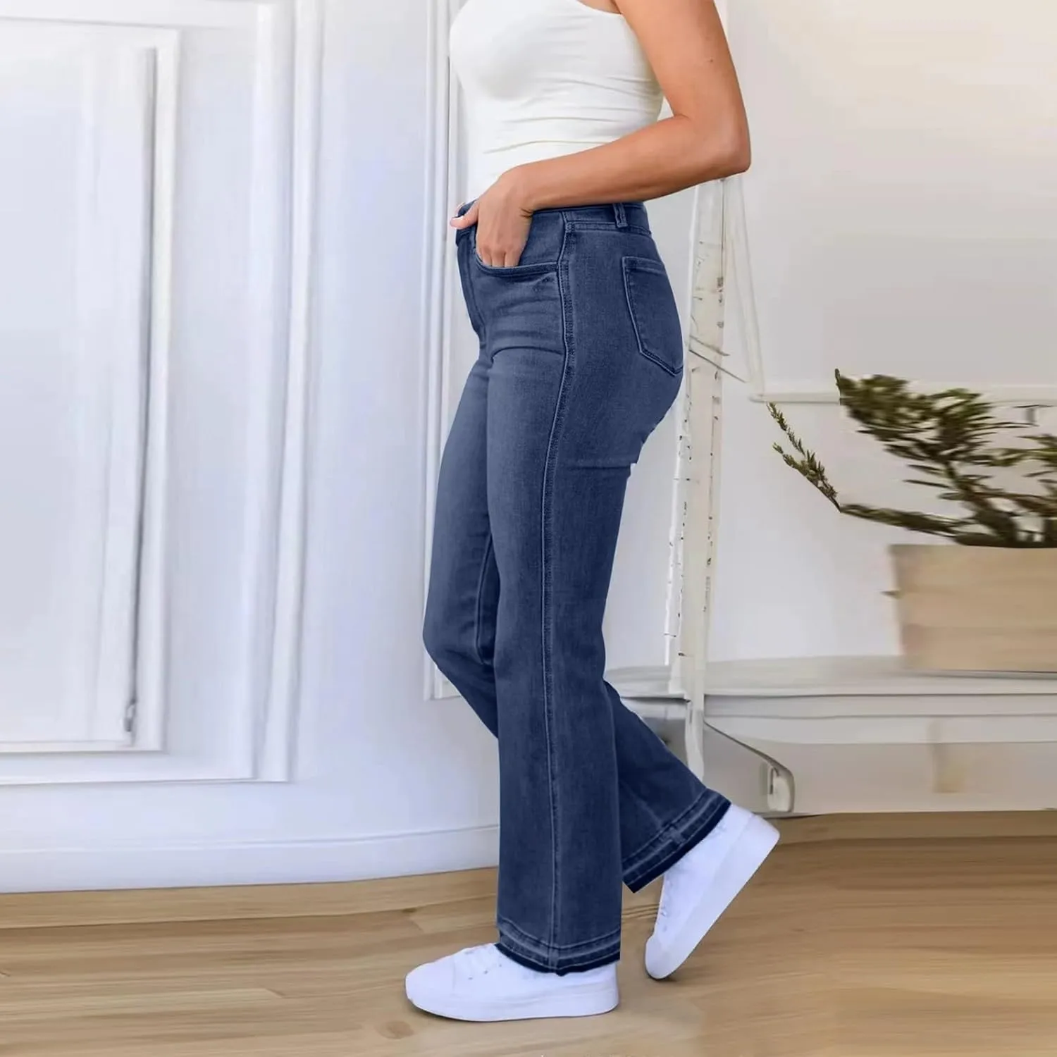 Womens Mid Waist Bell Bottom Stretchy Flare Jeans Pants High Waist Baggy Boyfriend Distressed Denim Pants