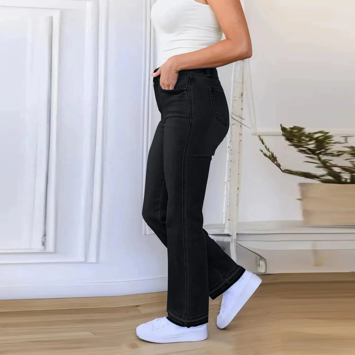 Womens Mid Waist Bell Bottom Stretchy Flare Jeans Pants High Waist Baggy Boyfriend Distressed Denim Pants