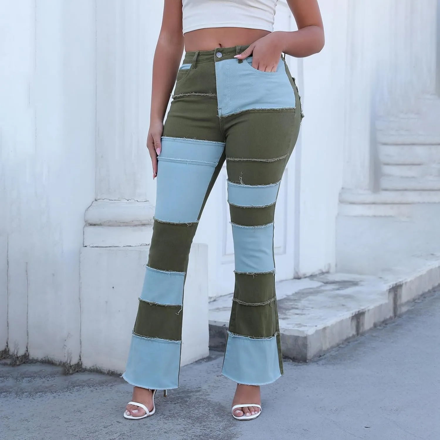 Womens Mid Waist Bell Bottom Stretchy Flare Jeans Pants High Waist Baggy Boyfriend Distressed Denim Pants