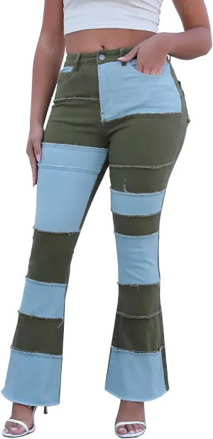 Womens Mid Waist Bell Bottom Stretchy Flare Jeans Pants High Waist Baggy Boyfriend Distressed Denim Pants