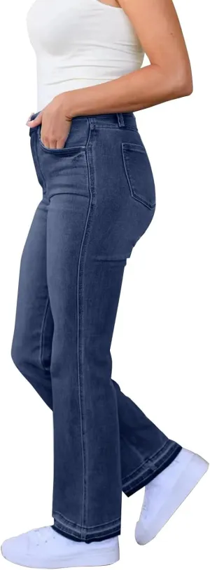 Womens Mid Waist Bell Bottom Stretchy Flare Jeans Pants High Waist Baggy Boyfriend Distressed Denim Pants