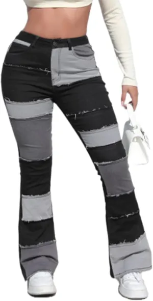 Womens Mid Waist Bell Bottom Stretchy Flare Jeans Pants High Waist Baggy Boyfriend Distressed Denim Pants