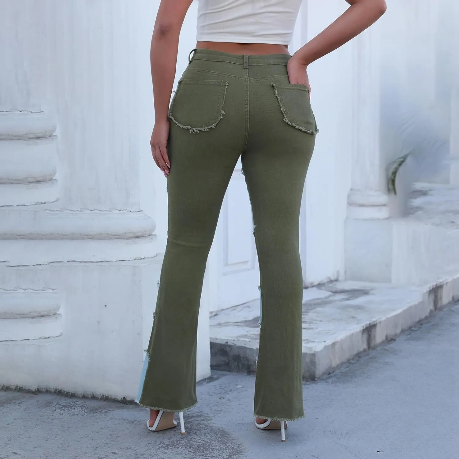 Womens Mid Waist Bell Bottom Stretchy Flare Jeans Pants High Waist Baggy Boyfriend Distressed Denim Pants