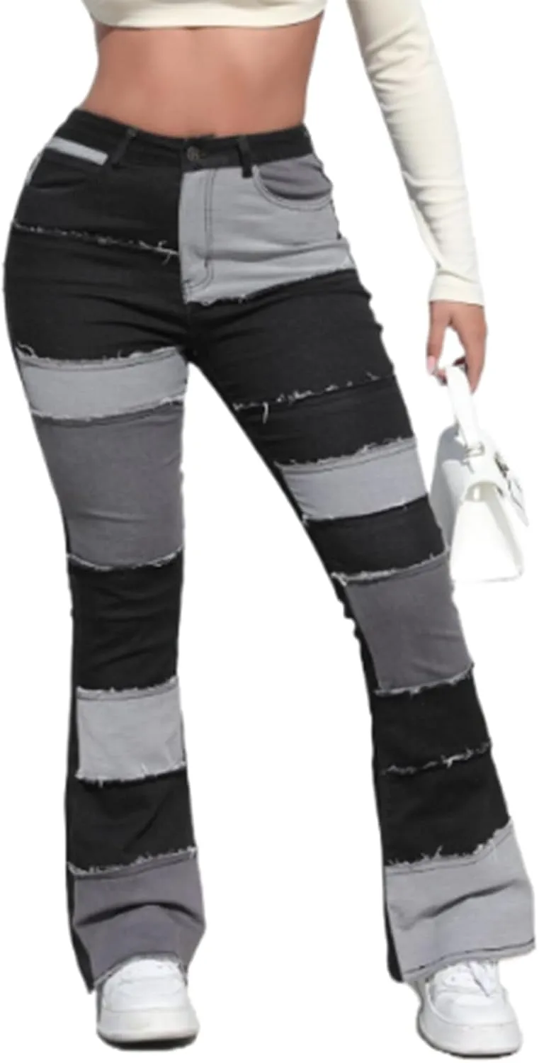 Womens Mid Waist Bell Bottom Stretchy Flare Jeans Pants High Waist Baggy Boyfriend Distressed Denim Pants