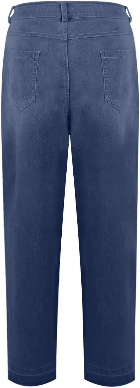 Womens Mid Waist Bell Bottom Stretchy Flare Jeans Pants High Waist Baggy Boyfriend Distressed Denim Pants