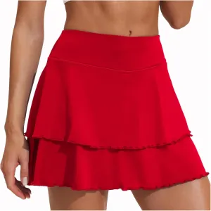Womens Pleated Tennis Skirt Double Ruffle Flowy Golf Skort High Waisted Tummy Control Gym Running Athletic Skirts Wine XXL