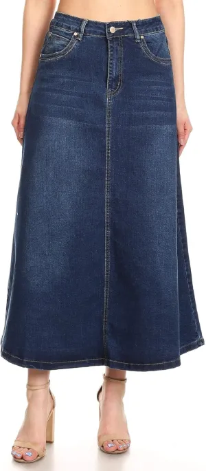 Womens Plus/Junior Size Mid Rise A-Line Long Jeans Maxi Denim Skirt