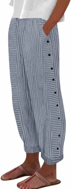 Women's Straight Leg Linen Capris Summer Casual Pants Elastic High Waist with Striped Design Side Pocket Details
