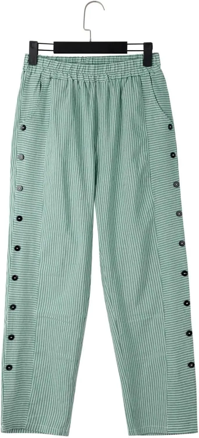 Women's Straight Leg Linen Capris Summer Casual Pants Elastic High Waist with Striped Design Side Pocket Details