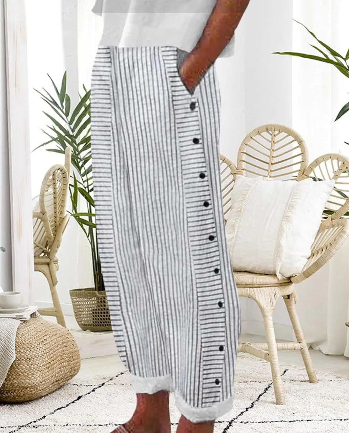 Women's Straight Leg Linen Capris Summer Casual Pants Elastic High Waist with Striped Design Side Pocket Details