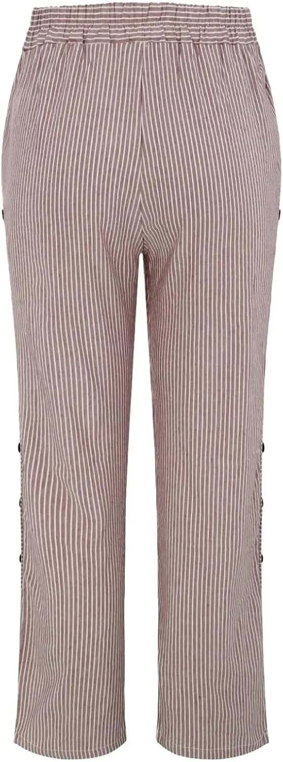 Women's Straight Leg Linen Capris Summer Casual Pants Elastic High Waist with Striped Design Side Pocket Details