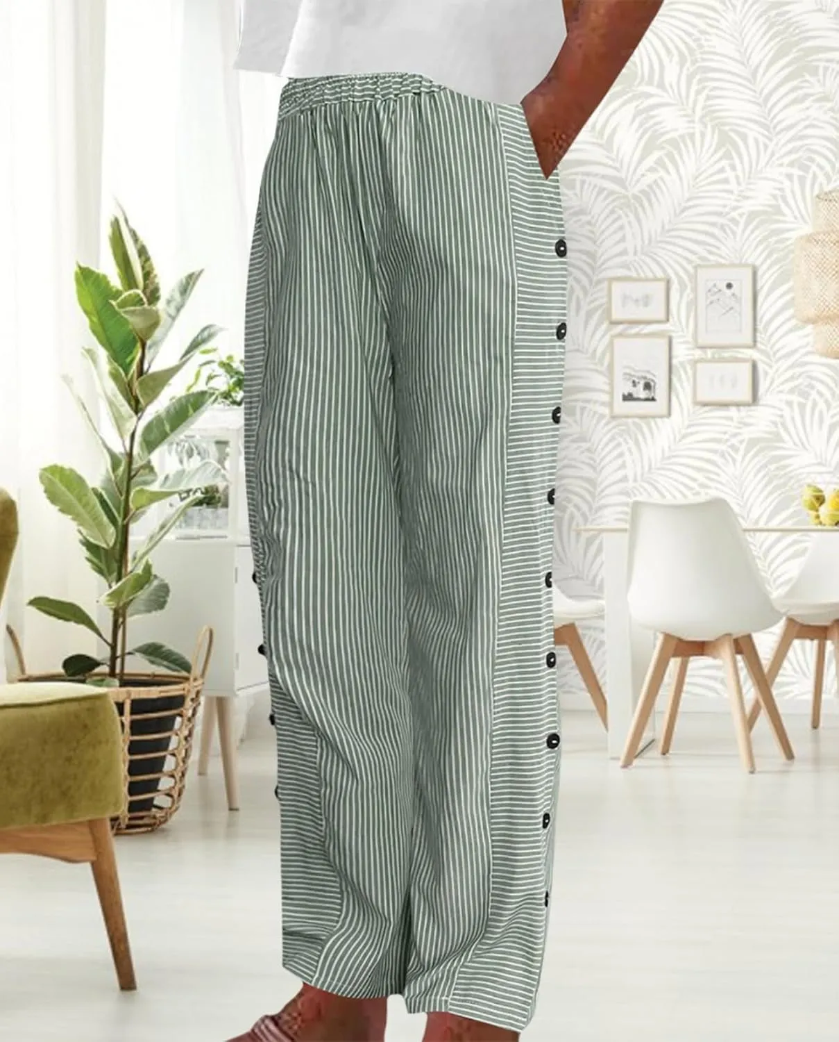 Women's Straight Leg Linen Capris Summer Casual Pants Elastic High Waist with Striped Design Side Pocket Details