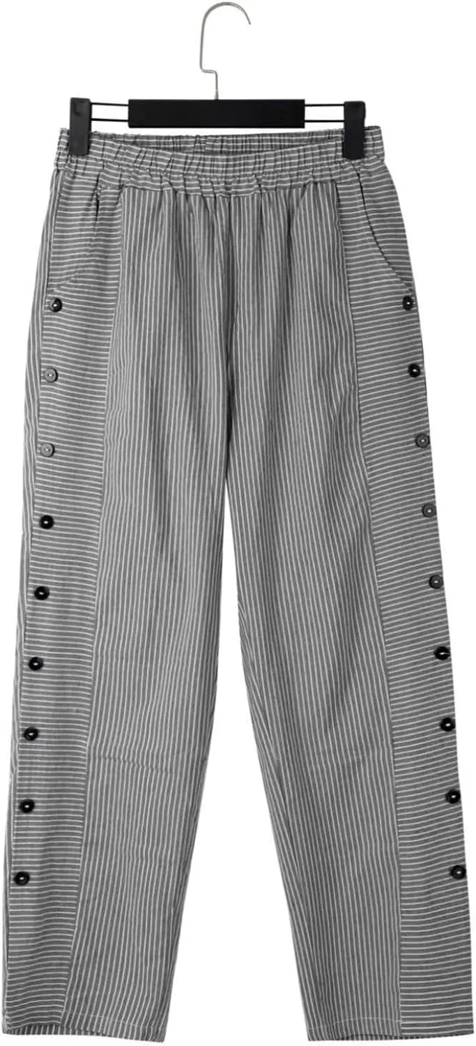 Women's Straight Leg Linen Capris Summer Casual Pants Elastic High Waist with Striped Design Side Pocket Details