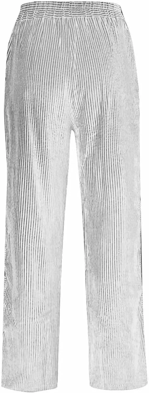 Women's Straight Leg Linen Capris Summer Casual Pants Elastic High Waist with Striped Design Side Pocket Details