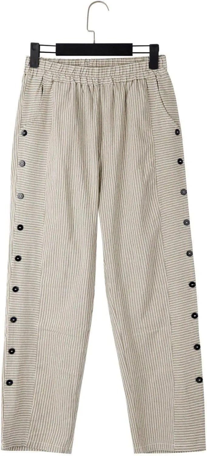 Women's Straight Leg Linen Capris Summer Casual Pants Elastic High Waist with Striped Design Side Pocket Details