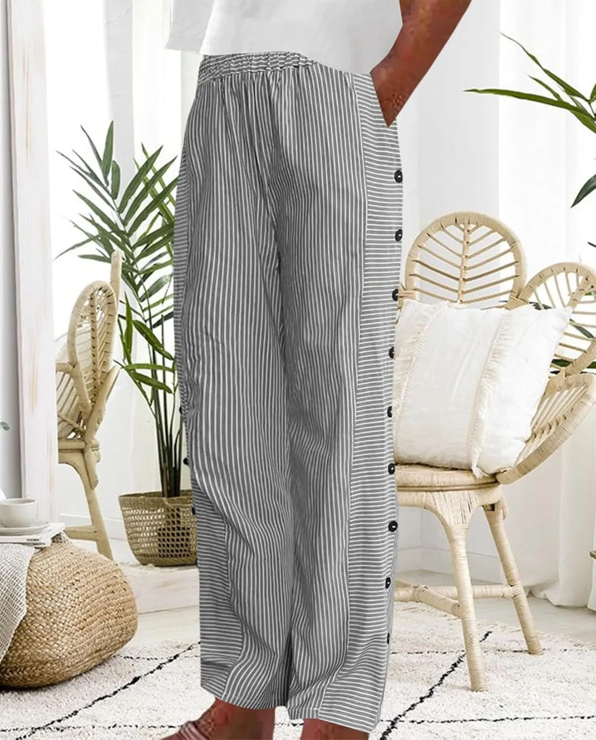 Women's Straight Leg Linen Capris Summer Casual Pants Elastic High Waist with Striped Design Side Pocket Details