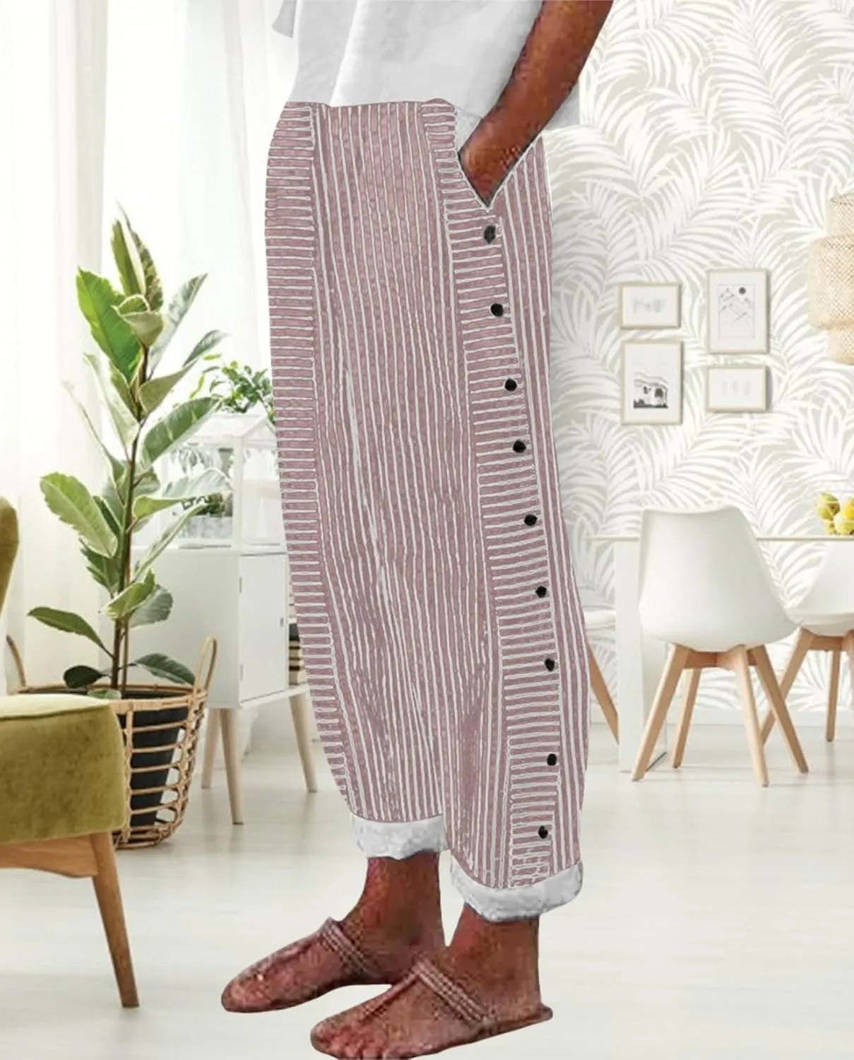 Women's Straight Leg Linen Capris Summer Casual Pants Elastic High Waist with Striped Design Side Pocket Details