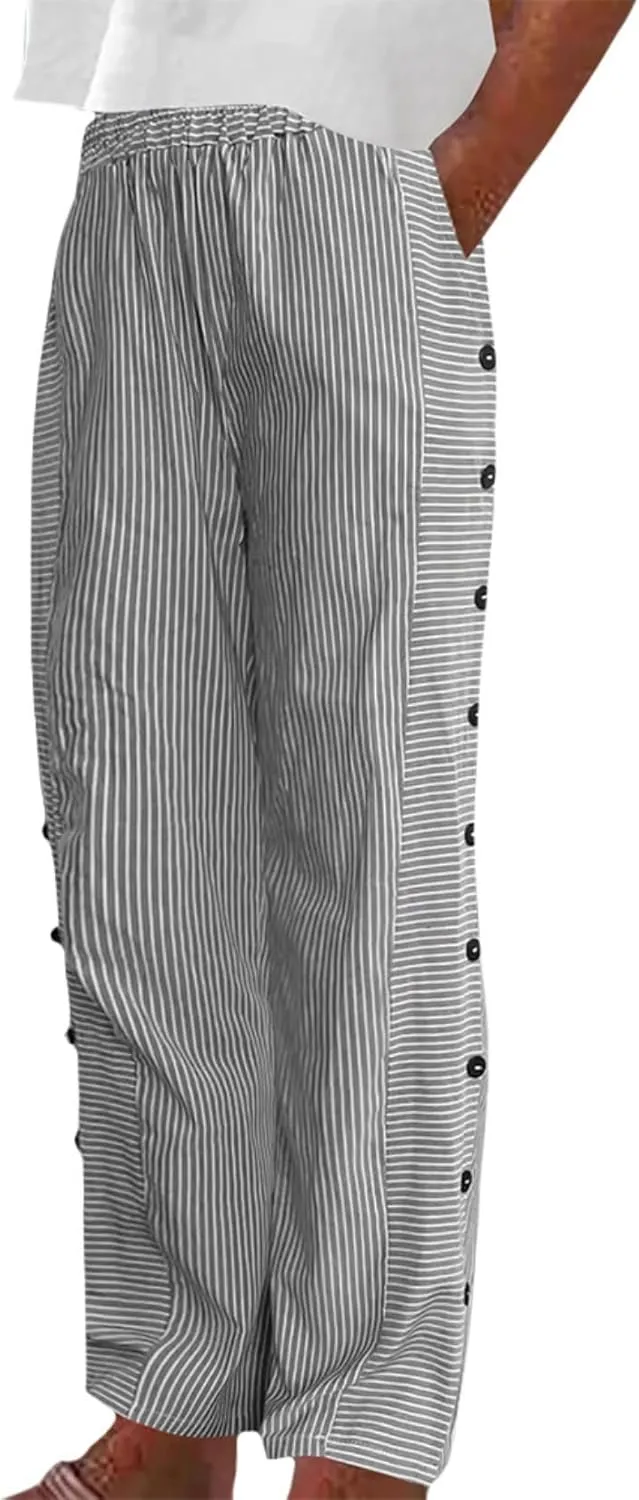 Women's Straight Leg Linen Capris Summer Casual Pants Elastic High Waist with Striped Design Side Pocket Details