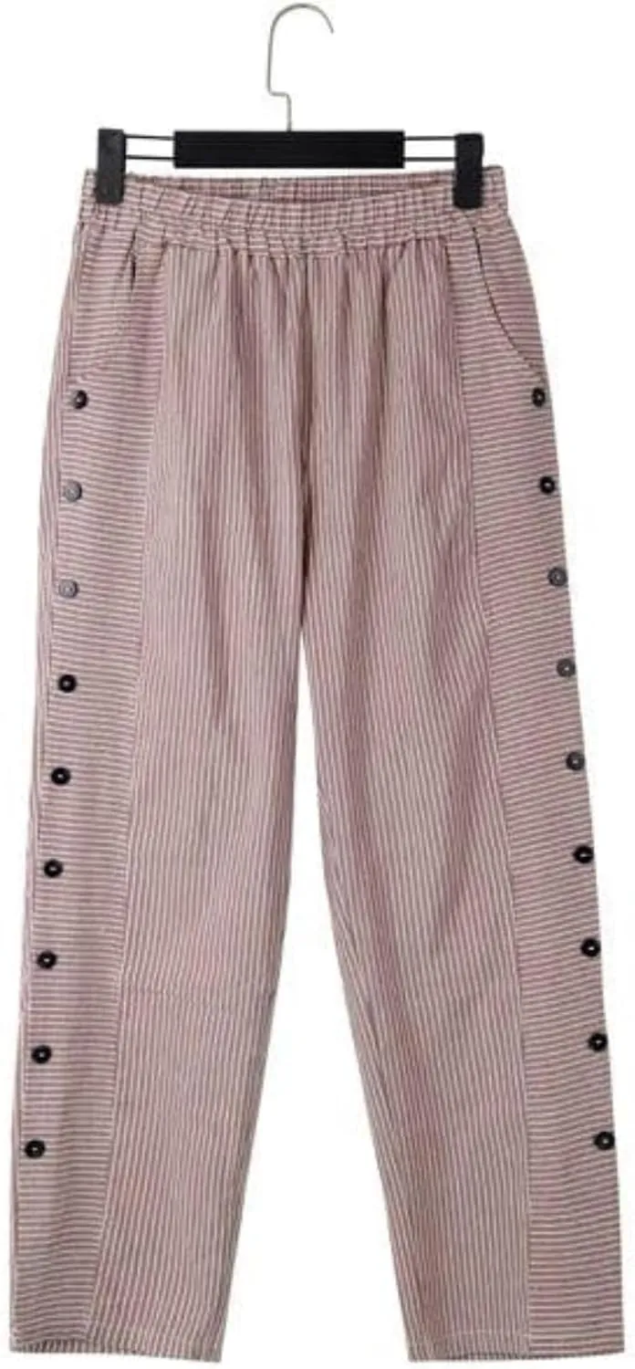 Women's Straight Leg Linen Capris Summer Casual Pants Elastic High Waist with Striped Design Side Pocket Details